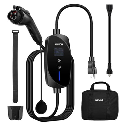 VEVOR Level 1 & Level 2 EV Charger, 16 Amp Portable Electric Vehicle Charger with 25 ft Cable, NEMA 6-20P Plug & 5-15 Adapter, J1772 Home Charging Station, LCD Display, IP66 Weatherproof