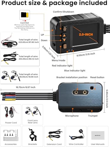 CAMECHO Motorcycle Dash Cam Front and Rear, HD Dual Dash Camera for Cars, 2 inch Display, Waterproof, G-Sensor, HDR, Loop Recording, Dashcam, Wired Controller