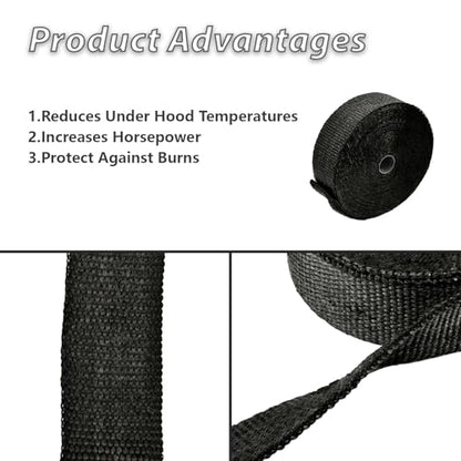 Black 2" x 50' Exhaust Header Heat Wrap Roll with 10PCS Stainless Steel Locking Ties for Motorcycle Cars Heat Shield（2 Packs） - size: 2" x 50'-2PC-Black