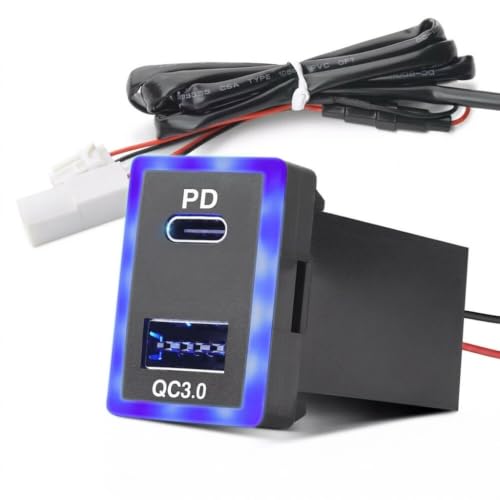 Dual USB Car Charger Socket Panel for Toyota Corolla RAV4 Tacoma, 12V-24V Fast Charger Power Outlet with Type C PD & QC 3.0 Ports, Blue LED Light Switch Blank Flush Mount Adapter with Wiring Harness