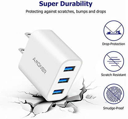 USB Wall Charger, Amoner 2Pack 15W 3-Port USB Charger Block iPhone Cube Charging Blocks for iPhone 14/13/12/11/X/XR/X/8/7/6, Galaxy, Android Phones and More - color: White