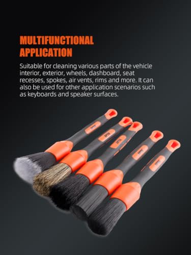 SPTA Car Detailing Brush Set, 5 Pack Soft Boar Hair Auto Detail Brush Kit with Elbow for Automotive Elegant Surface Interior Exterior Dashboard Emblems Panels Engine Bay Wheels Air Vent Seat Leather - color: 5pcs Car Detailing Brush Set With Elbow