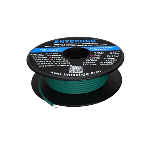 BNTECHGO 14 Gauge Silicone Wire Spool 50 ft Green Flexible 14 AWG Stranded Tinned Copper Wire - color: Green, size: silicone wire 50ft