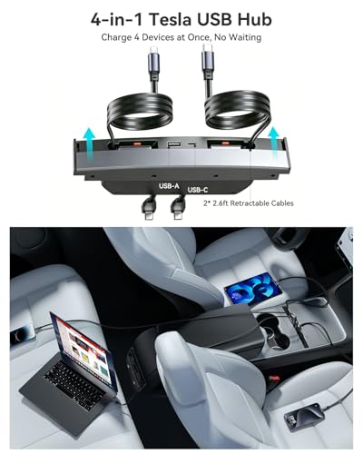 테슬라 모델 Y 2021-2024 및 모델 3 2021-2023용 4-in-1 휴대폰 충전기 USB 허브 - size: fits Model Y 2021-2024 & Model 3 2021-2023