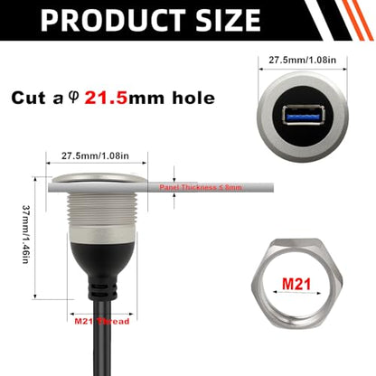 USB3.0 Threaded Fixed Mount Cable Al Shell USB A Male to Female Embedded Mount Waterproof Round Converter Extension Cable, 5V/2A 5Gbps, 30cm/11.8in