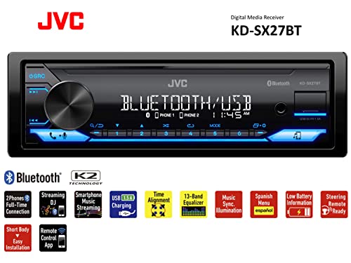 JVC KD-SX27BT Car Stereo with Bluetooth, 100W Digital Media Receiver, 1.5A USB, Single DIN Head Unit with AM/FM Radio & AUX-in, iOS/Android JVC Remote App, 13-Band EQ, Dual Phone Connection - style: Single DIN Car Stereo
