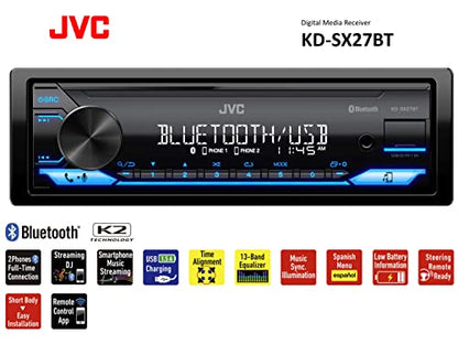 JVC KD-SX27BT Car Stereo with Bluetooth, 100W Digital Media Receiver, 1.5A USB, Single DIN Head Unit with AM/FM Radio & AUX-in, iOS/Android JVC Remote App, 13-Band EQ, Dual Phone Connection - style: Single DIN Car Stereo