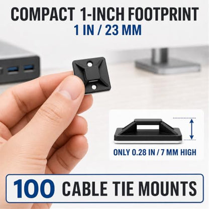 100 PCS 1" Adhesive Cable Tie Mounts – Strong Sticky Back Nylon Wire Holders for Cable Management in Home, Office, Car & Christmas Lights (BLACK-100) - color: Black-100pack