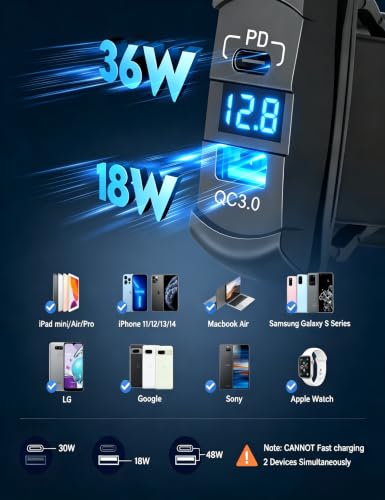 Anina USB C Rocker Switch On/Off Rocket Style Outlet 18W QC 3.0 USB A + 30W PD Charger with LED Voltmeter Display for 12V/24V RV Boat Motorcycle Marine ATV