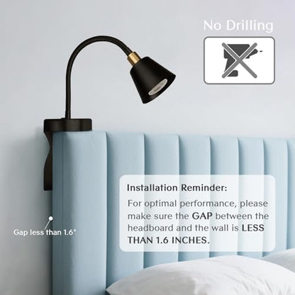 Solfres Patented Innovative Design Headboard Reading Light. No Drilling Golden Book Light for Bedtime Reading. Dimmable LED Book Reading Lamp with Bulb. Movable & Flexible, Black and Golden - color: Black and Golden, size: M