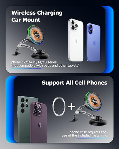 ZBF Magnetic Wireless Charging Car Phone Holder with 15W Fast Charging & Strong Vacuum Suction, 360° Rotatable Dashboard & Windshield Mount for Magsafe iPhone 17/16/15/14/13 Android Galaxy S24/S23/S22 - style: Upgraded Charging