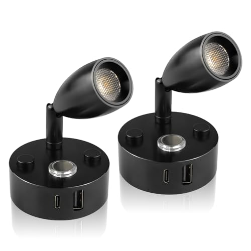 RV Interior Bedside Reading Light, Dimmable, with Dual USB-A/C Ports - color: Black
