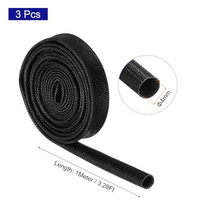 MECCANIXITY 3Pcs Wire Insulation Braid Fire Sleeve,3.28Ft-4mm ID Black, High Temp Silicone Coated Fiberglass Sleeving for Automotive Hose Lines Electrical Wiring - color: Black, size: 3.28Ft-4mm