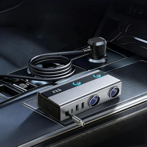 6-in-1 Cigarette Lighter Splitter, 65W PD Fast Charging, 120W Total Output, Two 12V Sockets, Retractable USB-C Cable, Battery Monitor, Trickle Charge, 1M Extension Cable for Front & Rear Charging