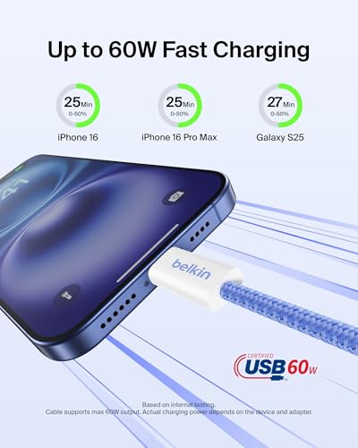Belkin USB C to USB C 60W Braided Cable 2 Pack, 6.6ft iPhone Charger Cord - color: Blue, style: 6.6 ft - 2 pack