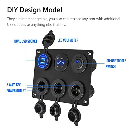 Linkstyle 6 in 1 Charger Socket Panel, 3 Cigarette Lighter Splitter with Dual USB Charger Ports & LED Voltmeter & Rocker Switch for 12V/24V Car RV Boat - color: 6 in 1 Charger Socket Panel