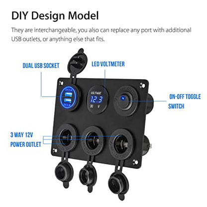 Linkstyle 6 in 1 Charger Socket Panel, 3 Cigarette Lighter Splitter with Dual USB Charger Ports & LED Voltmeter & Rocker Switch for 12V/24V Car RV Boat - color: 6 in 1 Charger Socket Panel