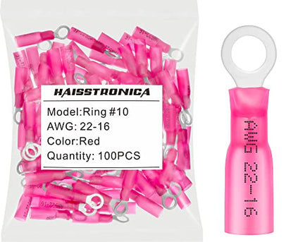 haisstronica 100PCS Heat Shrink Ring Terminals, 22-16 AWG, #10, Red - color: Red, size: Ring #10