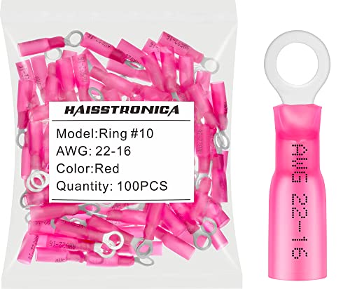 haisstronica 100PCS Heat Shrink Ring Terminals, 22-16 AWG, #10, Red - color: Red, size: Ring #10