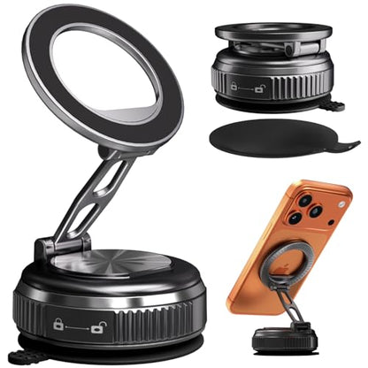 Car Phone Holder for Magsafe, 360° Adjustable Foldable Car Mount [108LBS Strongest Suction & 2800gf Magnetic] Portable for Car/Gym/Mirror Mount/Daily Stand for iPhone and All Smartphones, Black