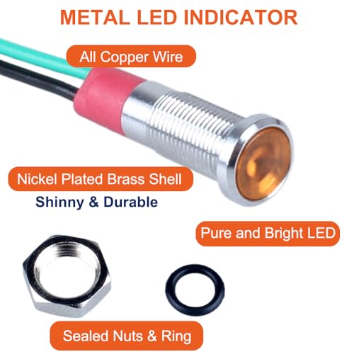 10Pcs 6mm (1/4") Energy Saving LED Indicator Light 110V-220V 20mA Metal Waterproof Wide Flat Head Signal Lamp Pilot Dash Directional with Wire （Yellow LED 10Pcs） - color: Yellow, size: 6mm / 110V-220V