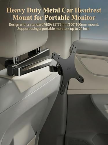 Heavy Duty Metal Car Headrest Mount for 15.6‘’ Portable Monitor, 2-in-1 VESA&Clip Stand for 4.7-20" Screen, Backseat Gaming Holder Compatible with Switch, iPad, iPhone, Stable Road Trip Stand for Kids