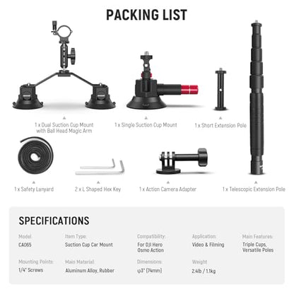 NEEWER Triple Suction Cup Car Mount Compatible with Insta360 X5 X4 GoPro DJI OSMO 360 Cameras, Quick Release Outside Windshield Magic Arm Mount Kit with 2 in 1 Extension Pole/Selfie Stick, CA065 - style: CA065