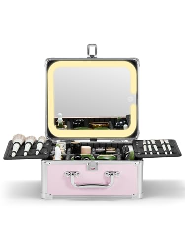 Qislee Makeup Box with Detachable Magnetic LED Mirror, Travel Train Case - color: Icy Pink, size: Small