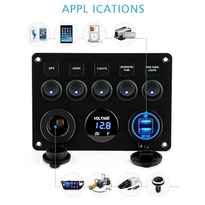 Kohree 5 Gang 12V Marine Switch Panel, Waterproof Boat Rocker Switch Panel - style: 5 Gang
