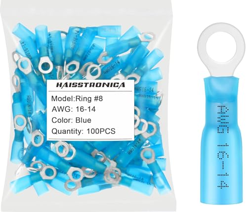 haisstronica 100PCS Heat Shrink Ring Terminals, 16-14 AWG, #8, Blue - color: Blue, size: Ring #8