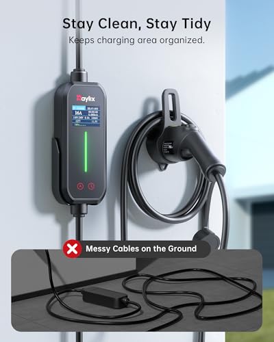 Raylix 16A Level 1&2 EV Charger with Holder, 110V-240V J1772 Charger with 21ft Cable [Adjustable Current &Delay Charging] EV Charger Level 1 with Wall Mount for All SAE J1772, Nema 6-20 & Nema 5-15 - size: 16A For ALL J1772 EVs