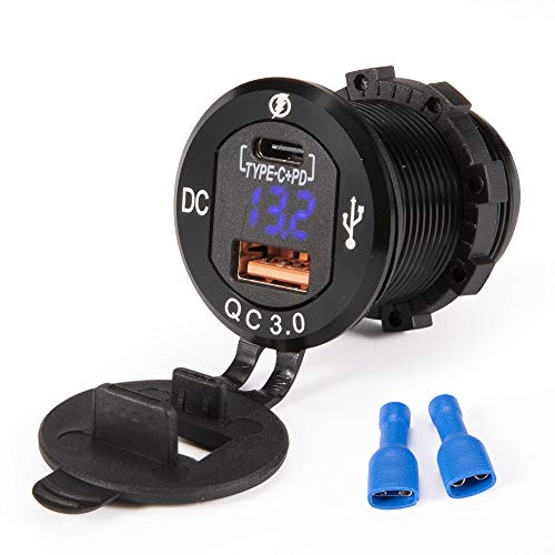 BUNKER INDUST Car Charger Socket Quick Charge 3.0QC,Dual Port USB Type C Outlet with Blue LED Digital Voltmeter,Aluminum Power Adapter 12V/24V Waterproof for Boat Marine UTV SUV RV Truck