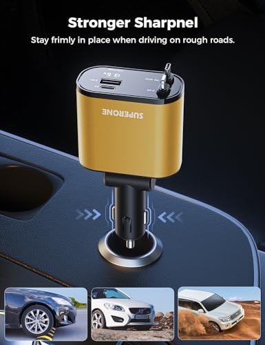 [Upgraded] SUPERONE Retractable Car Charger 4 in 1 Fast Phone Charger, Gold - color: Gold