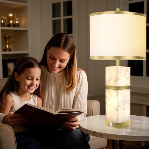 Scenekoy 27" Alabaster Table Lamps Set of 2 with Night Light for Bedroom - color: Gold
