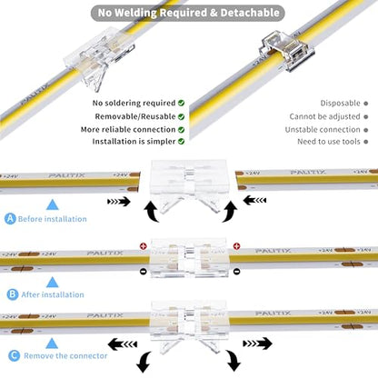 PAUTIX 8mm Connectors for 2-Pin COB LED Strip Lights,4pcs Transparent Gapless Connectors,4pcs Dual End,1pc Single to DC Female Plug 7.9in Extension Wire,2pcs L-shaped Connectors,1pc T-shaped Connector - size: 8mm Cob Connectors/Upgraded Set