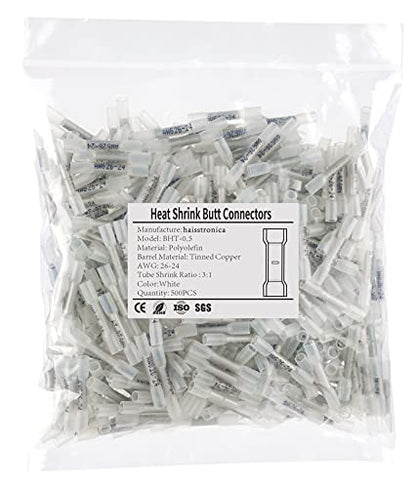 haisstronica 500PCS White Heat Shrink Butt Connectors 26-24 AWG - size: AWG26-24 White, style: 500pcs