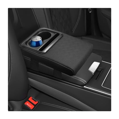 Sun Walker Car Middle Console Cover with Cup Holder, 3.1" Height-Lifts Comfortable Leather Armrest Pad for Long Driving, Scratch-Resistant Center Console Cushion for SUV Truck Sedan (Style A) - color: Style A