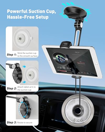AboveTEK iPad Suction Mount, Phone Tablet Stand Holder with Suction Cup Fits 4"-11" Tablet/Phone/iPad mini/Air, Sticky iPads Mount on Window Bathroom Mirror, for Car Truck Windshield Boat (Black) - color: Black