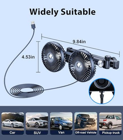 Long Arm Dual Head Car Cooling Fans for Back Seat for Kids, Usb 5V/ 12V /24V Car Backseat Headrest Fan for Baby Rear Facing, Car Seat Cooler That Blow Cold Air for Vehicles Sedan Suv Without Ac - style: USB Powered-Long Arm