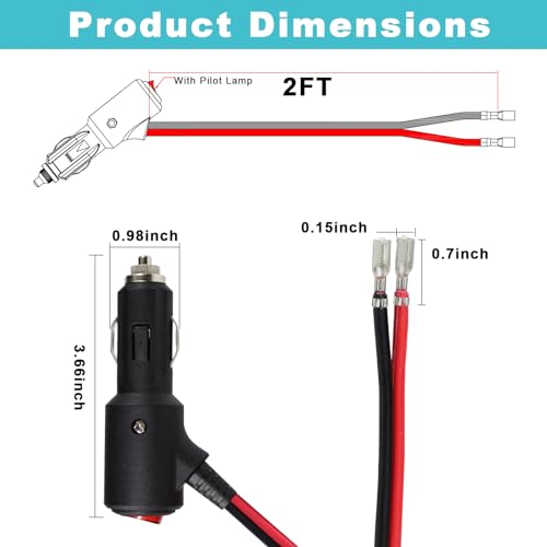 SPARKING 12Volt Replacement Cigarette Lighter Male Plug with On Off Switch - 2FT 12V Fused 15amp Cigarette Male Plug with 16AWG Lead, 12V DC Car Plug for Car Cooler,Cb Radio, Air Compressor - size: 2FT