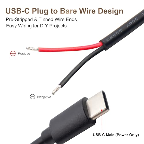 USB-C Power Pigtail to Bare Wire 20AWG 5V 5A Cable 1M 3.3FT 2 Pack