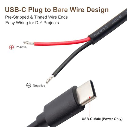 USB-C Power Pigtail to Bare Wire 20AWG 5V 5A Cable 1M 3.3FT 2 Pack