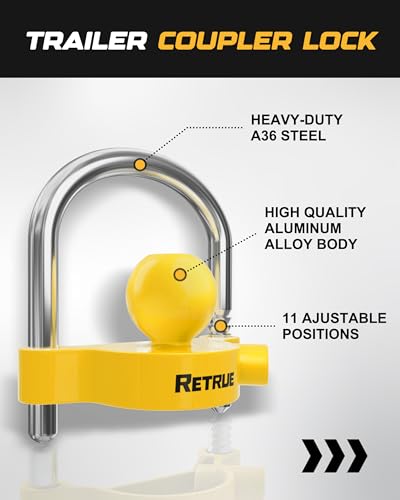 RETRUE Universal Coupler Lock Trailer Locks Ball Hitch Trailer Hitch Lock Adjustable Security Heavy-Duty Steel Fits 1-7/8 Inch, 2 Inch, 2-5/16 Inch Couplers, Bright Yellow, Light Weight (Pack of 2) - color: Bright Yellow, size: 2 Pack