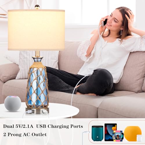 Ruzectt Coastal Glass Table Lamps, 3-Way Dimmable Touch Control Bedside Lamps with 2 USB Ports and AC Outlet, Blue Nautical Nightstand Lamps for Bedroom Living Room (LED Bulbs Included) - color: Blue 1P
