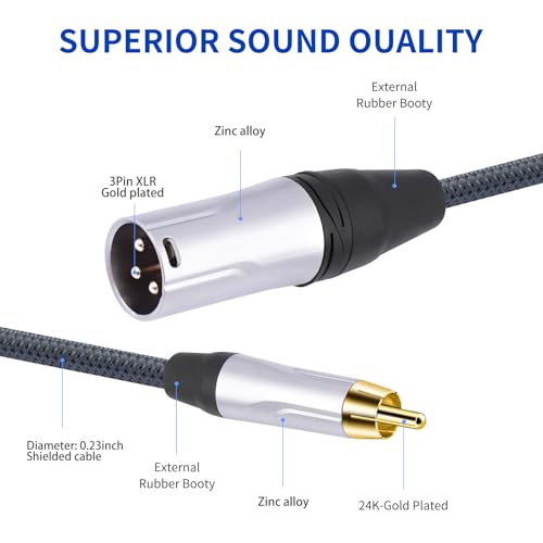RCA Male to 3Pin XLR Male Audio Cable,Balance XLR to Unbalanced RCA Mixer Audio Cable,24K Gold-Plated Plug/Heavy-Duty zinc Alloy Shell/Braided Shielded Cable-2 Pack 3Feet - color: RCA M To XLR M, size: 3FT