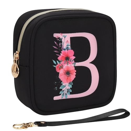 Relavel Initial Mini Makeup Bag for Girls, Small Makeup Bag for Purse with Zipper ＆ Removable Handle, Portable Makeup Pouch Lipstick Skincare Bag, Small Gift Cosmetic Bags for Women Girls(Black B) - size: A-Small, style: B