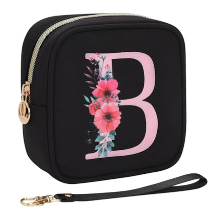 Relavel Initial Mini Makeup Bag for Girls, Small Makeup Bag for Purse with Zipper ＆ Removable Handle, Portable Makeup Pouch Lipstick Skincare Bag, Small Gift Cosmetic Bags for Women Girls(Black B) - size: A-Small, style: B