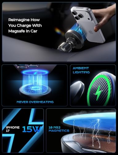 LISEN 15W MagSafe Car Mount Charger Phone 18, [Carbon Fiber] Magnetic Wireless Car Charger, Dashboard & Air Vent Car Phone Holder Mount Magnetic Universal for iPhone 17/16/15/14/13/12, Samsung Pixel - color: Carbon Fiber