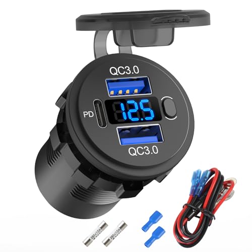 Hapytrip 12 Volt USB Outlet Dual Quick Charge 3.0 Port and PD3.0 USB C Car Battery Chargers Socket, Waterproof 12V Power Outlet Cigarette Lighter Replacement DIY Kit with Voltmeter and Switch for Boat - color: pack of one