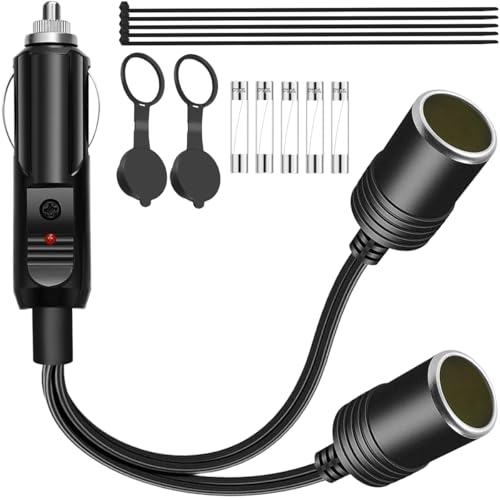 1 to 2 Car Cigarette Lighter Splitter 12V-24V DC Dual Power Charger Port 11 Inch UL Extension Wire 2 Way Y Adapter with 15A Fuse Dust Cover Cable Ties for RV Truck Boat